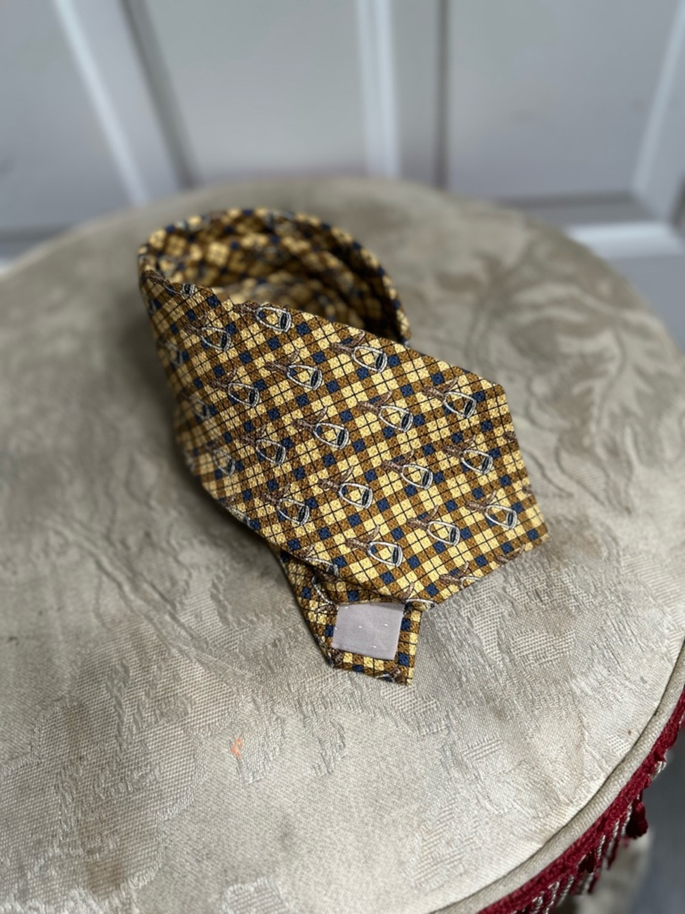 Vintage Celine Gold and Navy Check Silk Tie.. made in Spain